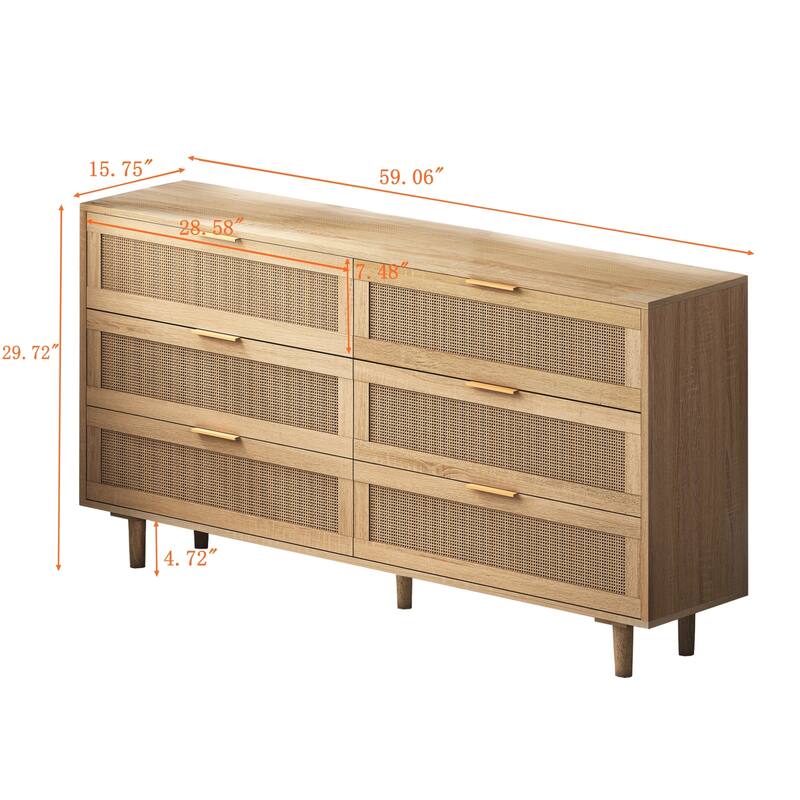 59.06" 6-Drawers Rattan Storage Cabinet Rattan Drawer