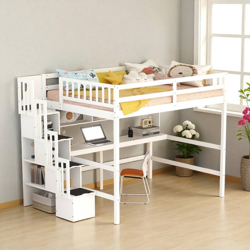 Full Size Wooden Loft Bed with Desk, Storage Shelves, and Staircase, Solid Pine Frame with Guardrails