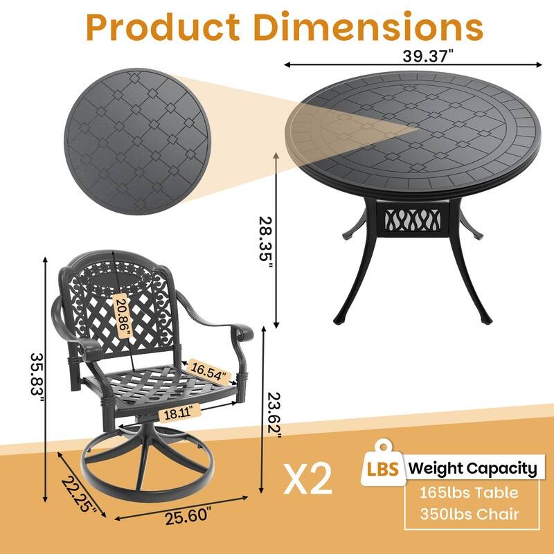 3-Piece Aluminum Round Outdoor Patio Dining Set, 2 Cushioned Swivel Chairs, Table, All-Weather Frames