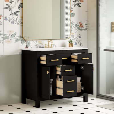 36"Bathroon Vanity with Ceramic Sink,Freestanding Single Bathroom Cabinet with 4 Drawers & 2 Cabinets,Solid Wood Vanity Set