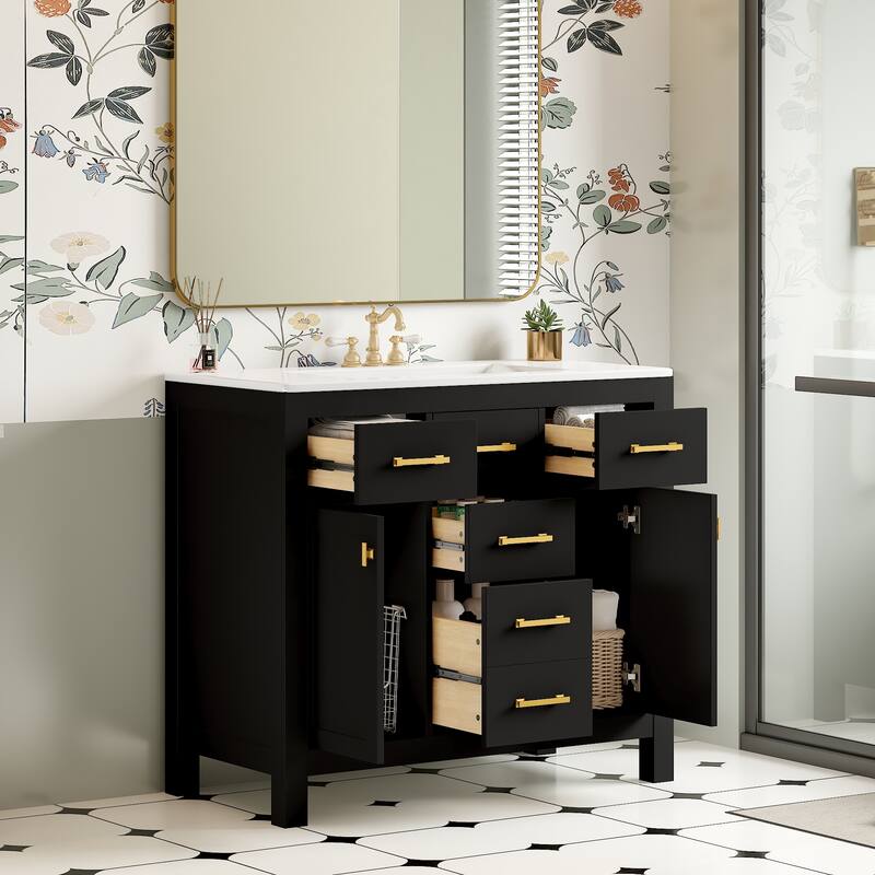 GDFStudio - Norham Modern Bathroom Vanity Set with Ceramic Sink and 4 Storage Drawers & 2 Doors - 36'W