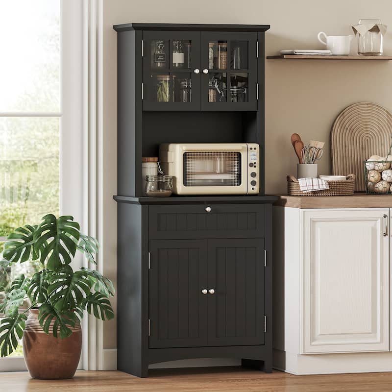 HOMCOM Kitchen Buffet Hutch Wooden Storage Cupboard with Framed Glass Door, Drawer and Microwave Space - 27"x15.75"x64.5" - Black