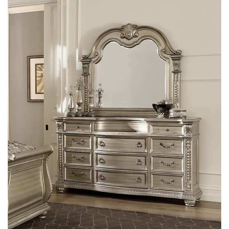 Silver Finish Formal Bedroom Set 4pc Bed Dresser Mirror Chest