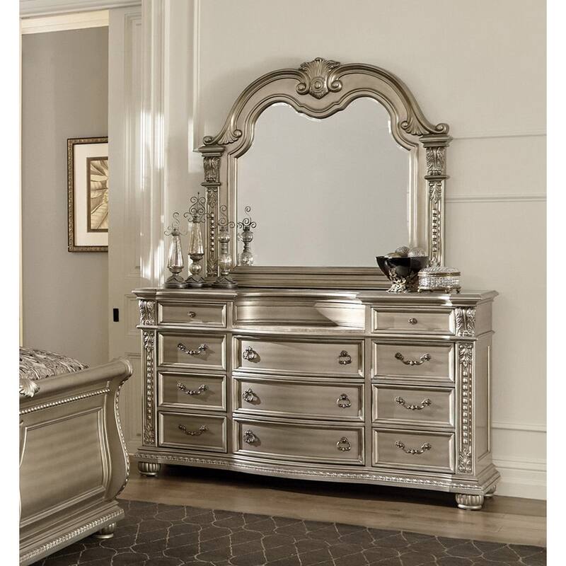 Traditional 3pc Bedroom Set Formal Bed Dresser Mirror Silver Finish