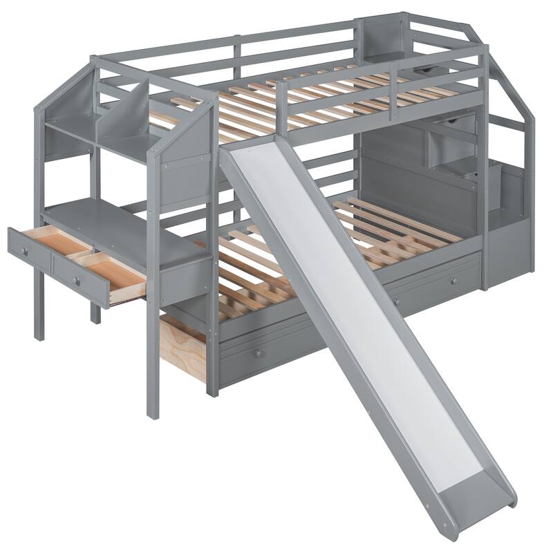 Twin Over Twin Bunk Bed with Slide, Desk, Drawers, and Storage Staircase