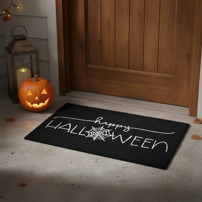 HomeRoots 17" X 29" Black And White Happy Halloween Outdoor Coir Door Mat - 17.00' X '29.00