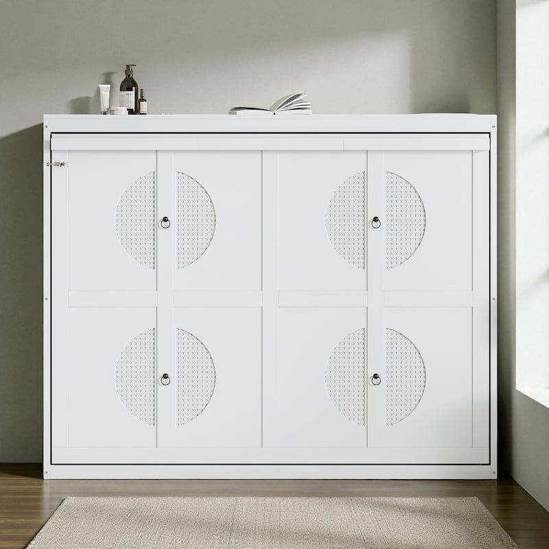 Full/Queen Size Murphy Wall Bed with Cabinet, Space-Saving Fold-Out Bed with Slat Support, No Box Spring Needed - White - Queen