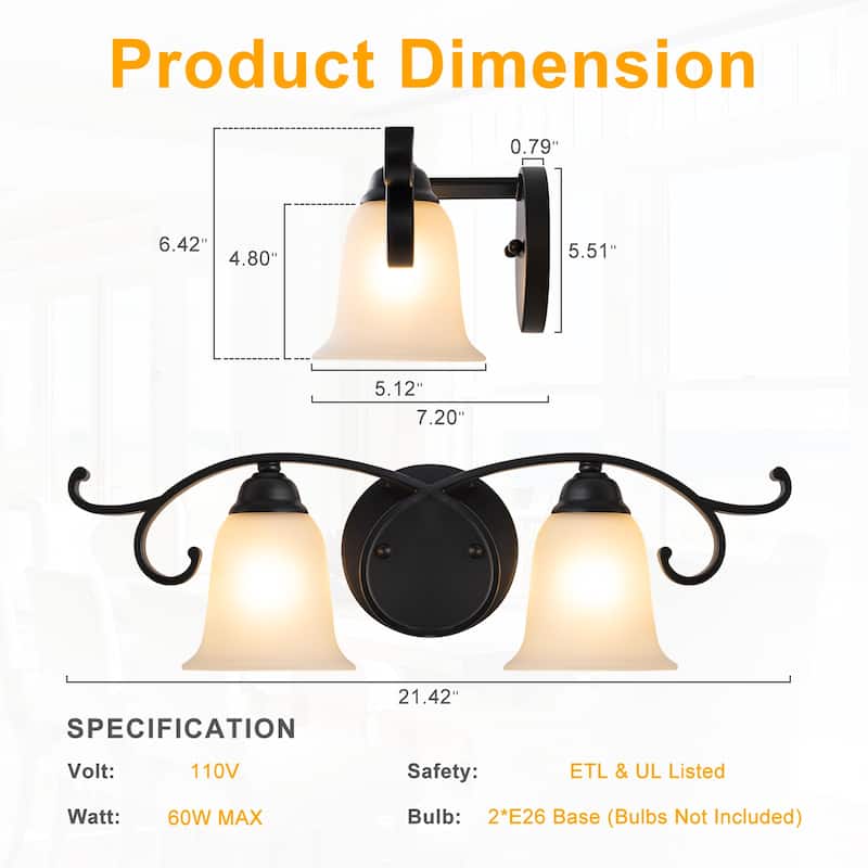 2-Light Black Scrollwork Metal Wall Sconce Frosted Bell Shade