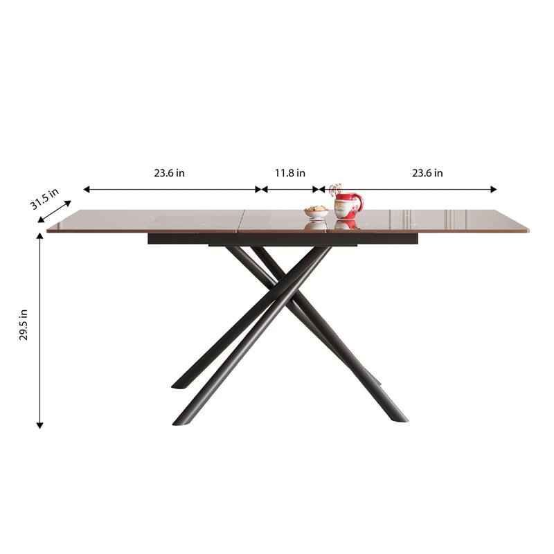 Modern Rectangle Expandable Dining Table with Retractable Leaf, Carbon Steel X-Base