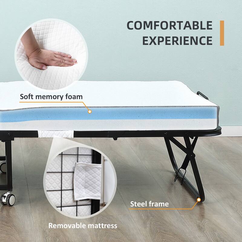 Folding Guest Bed with Padded Mattress and Metal Frame, Space-Saving Portable Bed with Wheels