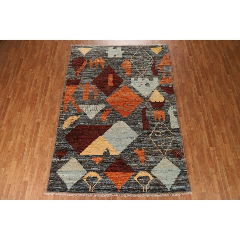 Hand Knotted Oriental 100% Wool Carpet Modern Tribal Greys & Charcoal Moroccan Area Rug - 10' 0'' X 6' 11''