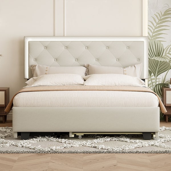 slide 2 of 9, Platform Storage Bed with 2 Drawers, Trundle Bed and Smart LED Light Beige - Queen