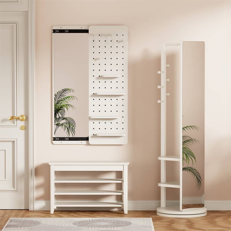 Wall Mounted Full Length Mirror with Shelf and Hook, Multifunctional Panel