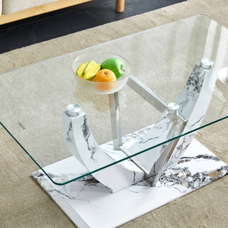 43.3" Length Transparent Tempered Glass Coffee Table with Wooden Legs