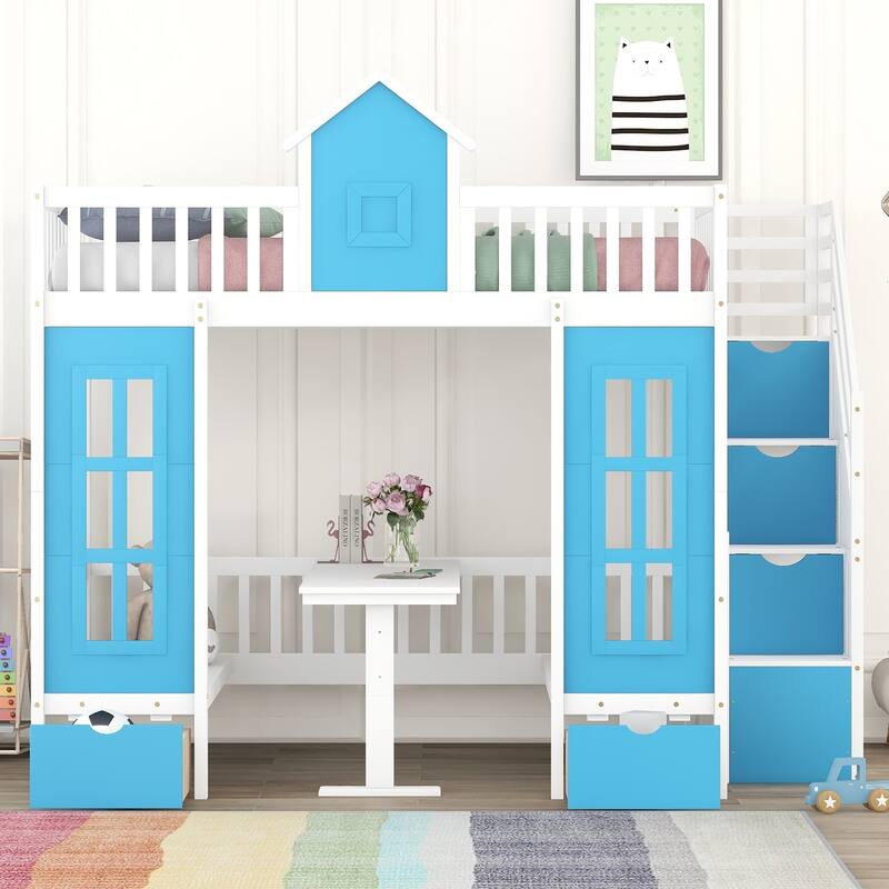 Bunk Bed with Changeable Table , Bunk Bed Turn into Upper Bed and Down Desk with 2 Drawers