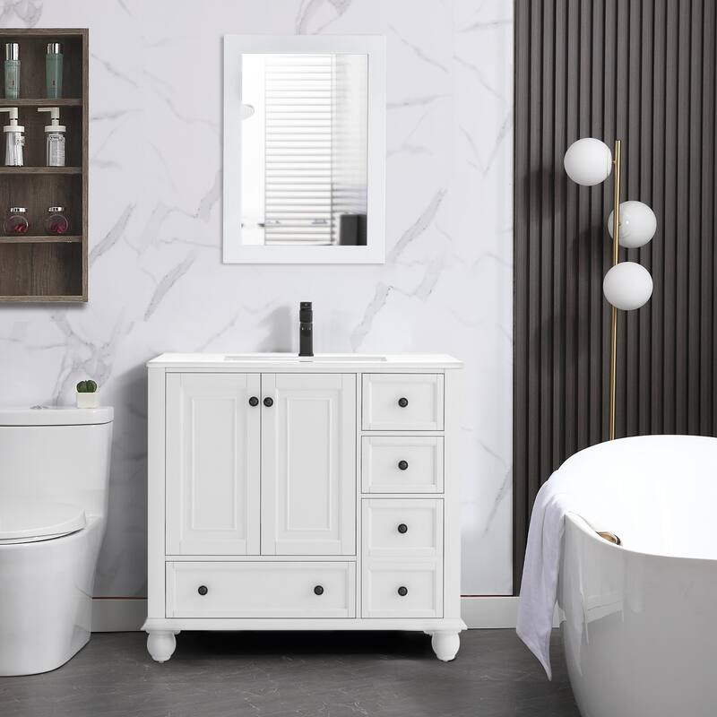 Retro Bathroom Vanity Cabinet Solid Wood Classic with Ceramic Sink - 36 in - White