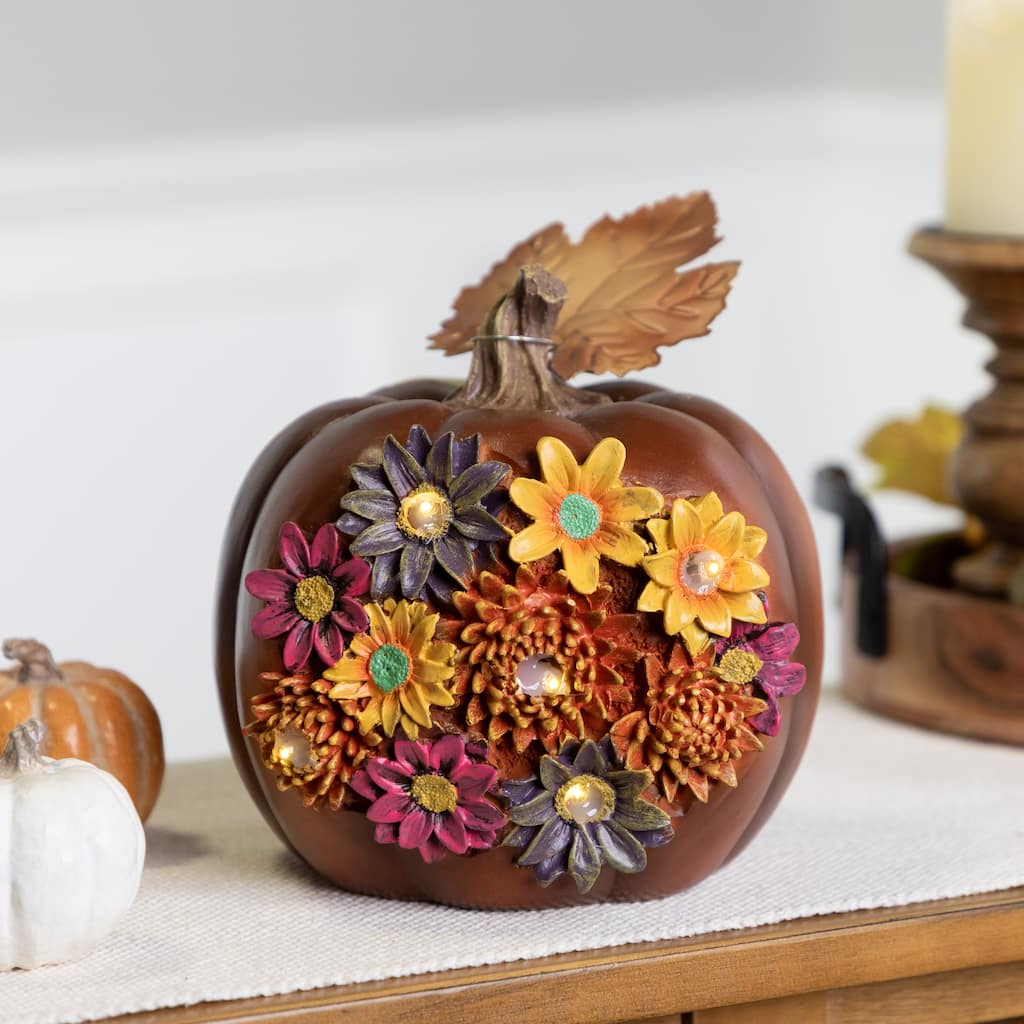 Solar Powered Floral Pumpkin Outdoor Fall Harvest Decoration - 7.25"