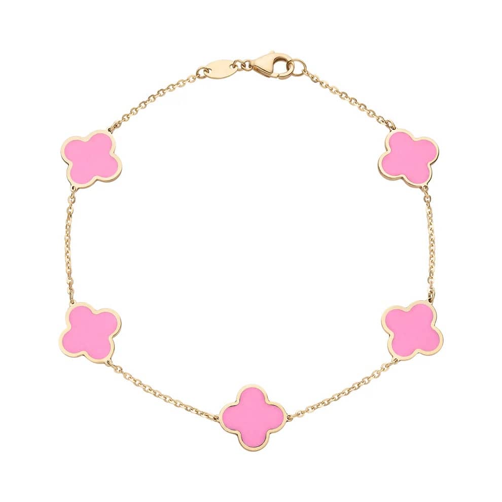 Curata 14k Yellow Gold Italian 7" Inlaid Genuine Gemstone 10mm Medium Clover Bracelet