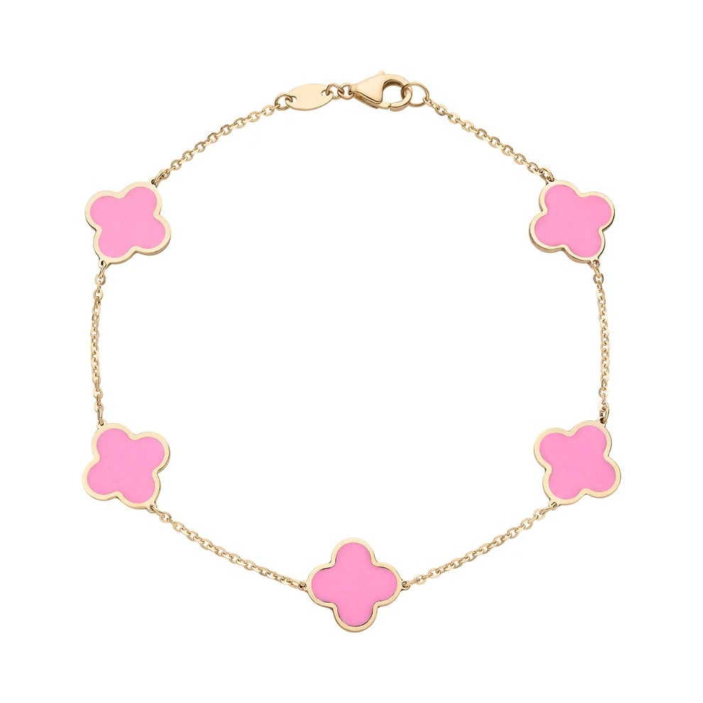 Curata 14k Yellow Gold Italian 7" Inlaid Genuine Gemstone 10mm Medium Clover Bracelet