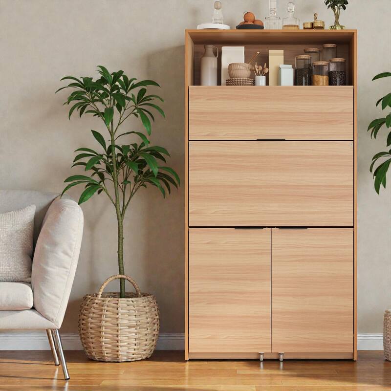 Compact Kitchen Pantry Cabinet with Hutch, Foldable Workstation, Power Outlet, 69 Inch Buffet Storage - Natural