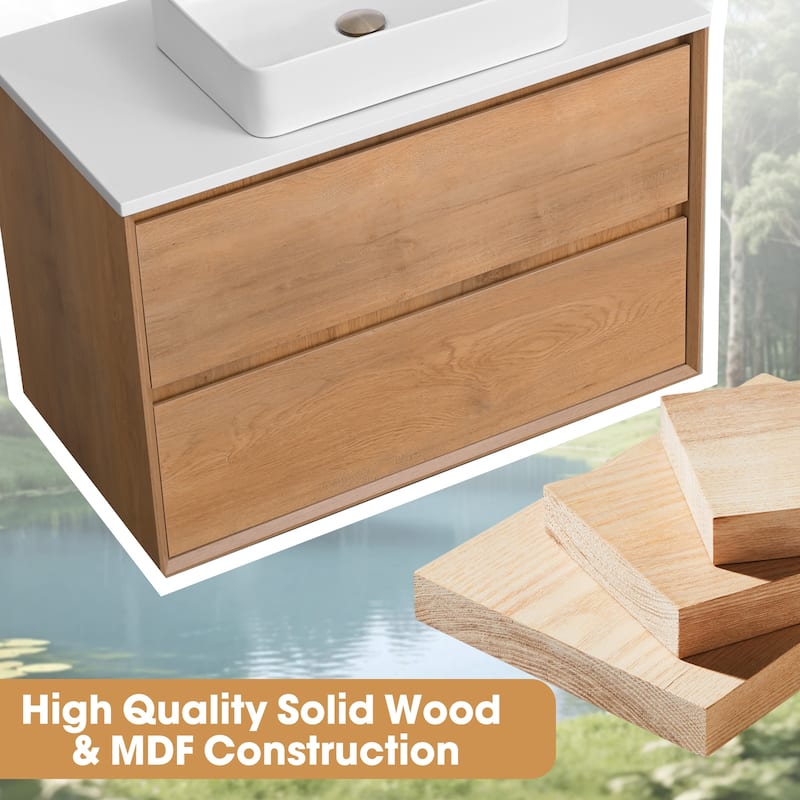 36"48"60"72"84" Floating Bathroom Vanity Quartz Counter Top with Round Ceramic Vessel Sink