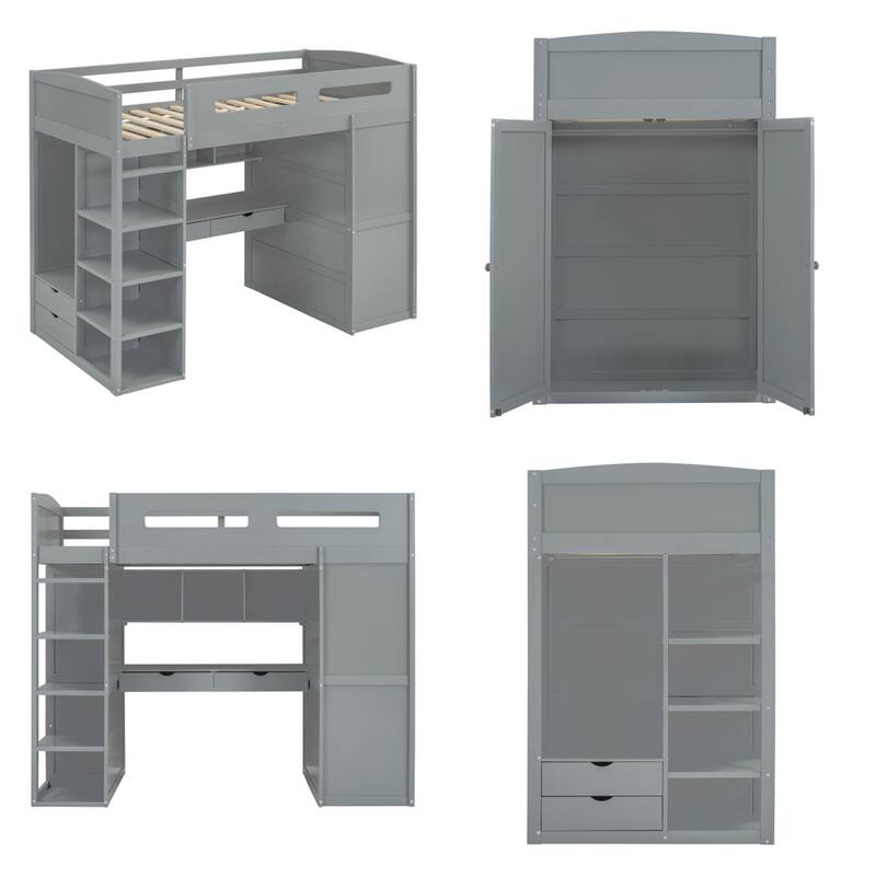 Twin Size Wood Loft Bed with Desk, Wardrobes,Drawers and Shelves