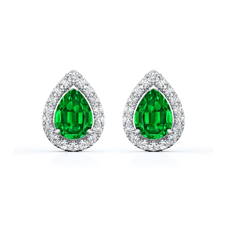 Auriya 14k Gold Lab Grown Gemstone Green Emerald Stud Earrings Pear 0.25 to 5.00 ct. tw. Halo Screw-Back