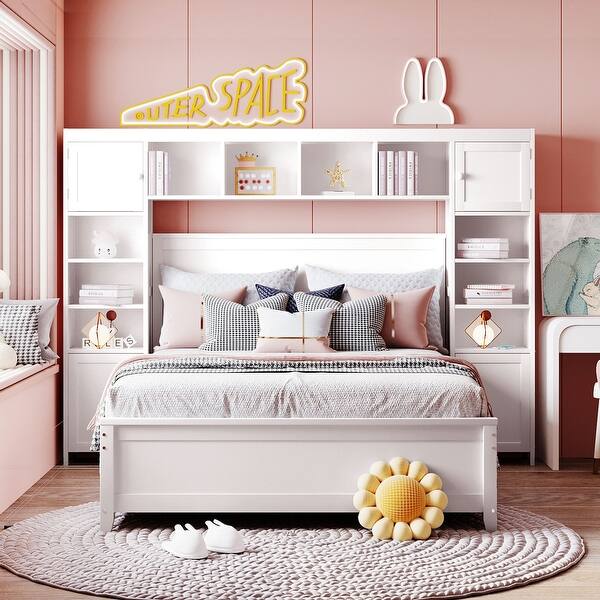 slide 2 of 27, Full Size Platform Bed Storage Bed With All-in-One Cabinet, Shelves and Pull-out Drawers, Wooden Bookcase Bed for All Ages White - Full