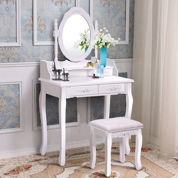 Shop Costway White Vanity Wood Makeup Dressing Table Stool Set