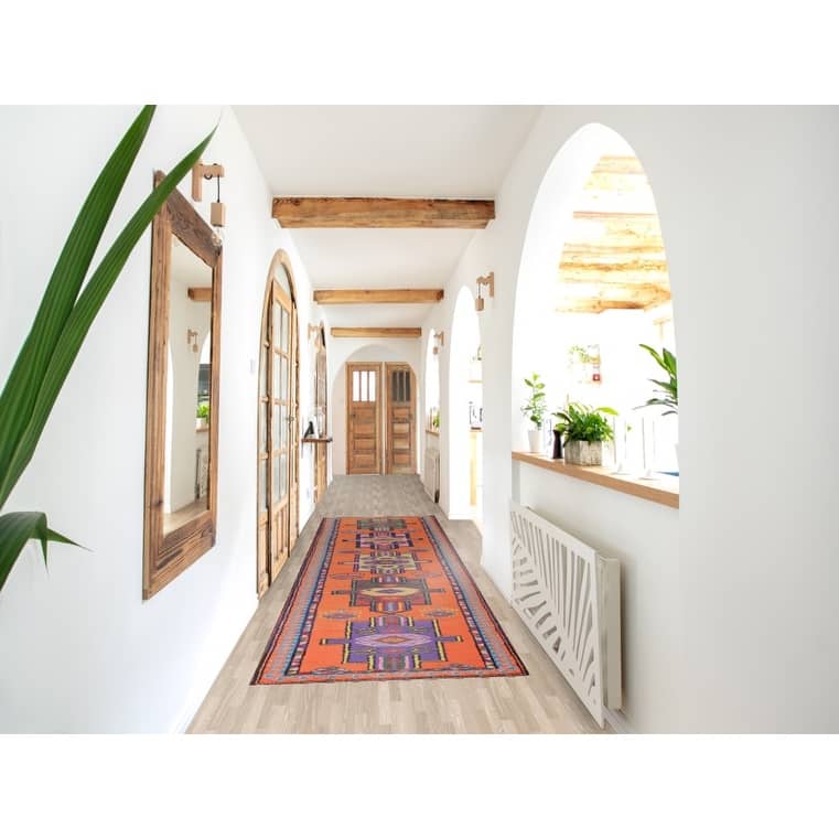 Orange Geometric Anatolian Oriental Runner Rug Handmade Silk Carpet - 3'0"x 12'4"