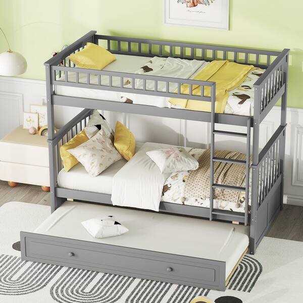 slide 2 of 10, Twin Over Twin Wooden Bunk Bed with Twin Size Trundle & Safety Rail, Convertible to 2 Platform Bedframe for Kids Teens Bedroom Gray - Twin