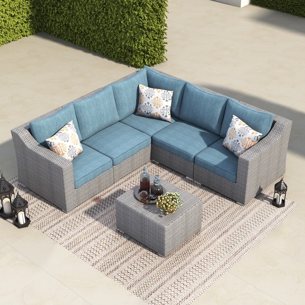 Shop Corvus Martinka 6 Piece Outdoor Aluminum Frame Patio Sofa All Weather Grey Wicker Sectional Conversation Set With Pillows Overstock 13037013
