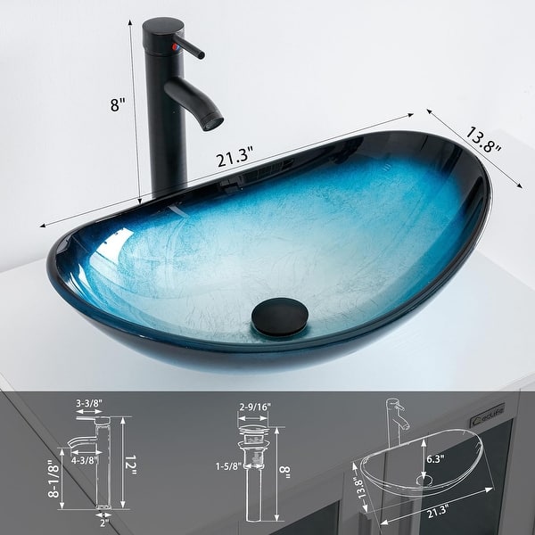 dimension image slide 2 of 14, Eclife Modern Bathroom Sink Tempered Glass & Ceramic Artisan Basin for Vanity