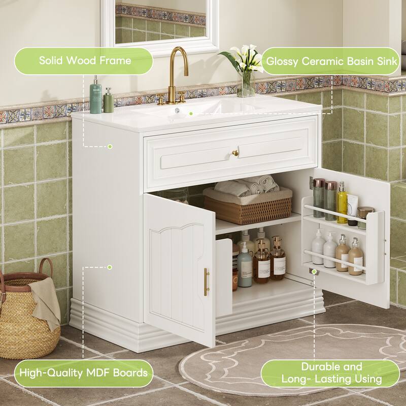 36"Bathroom Vanity with Ceramic Sink,Bathroom Vanities Cabinet with 2 large Soft Closing Doors,Solid Wood Frame Storage Cabinet