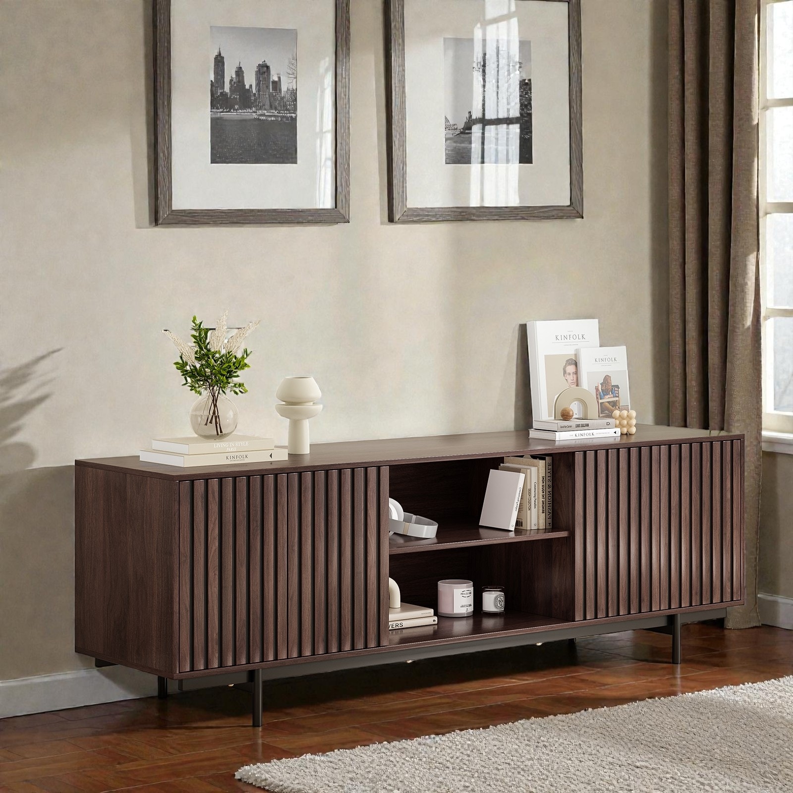 TV Stand for TVs Up to 75 Inch, Farmhouse Fluted Wood TV Console with Storage Shelves and Pop-Up Doors, Storage Cabinet