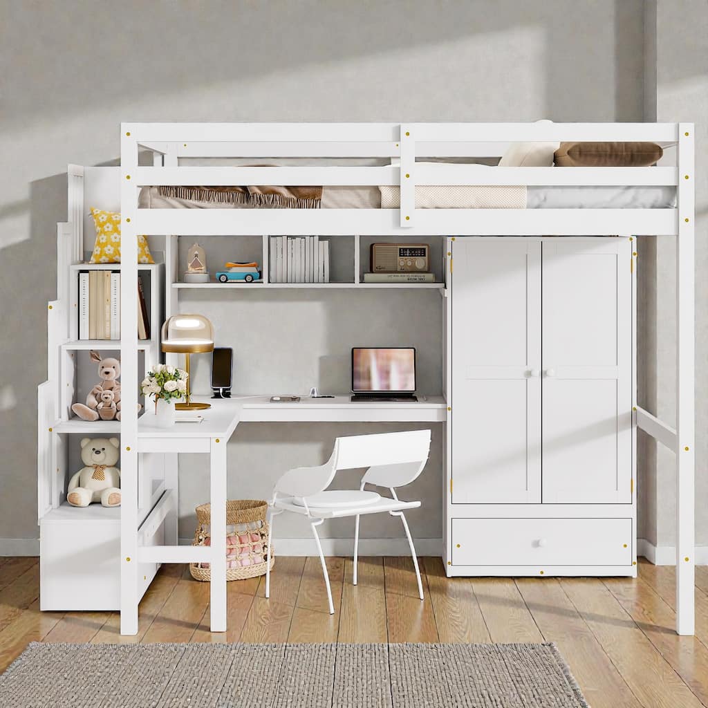 Full Size Wood Loft Bed with Desk, Wardrobe and Storage Staircase, USB Charging Station, Safety Guardrails