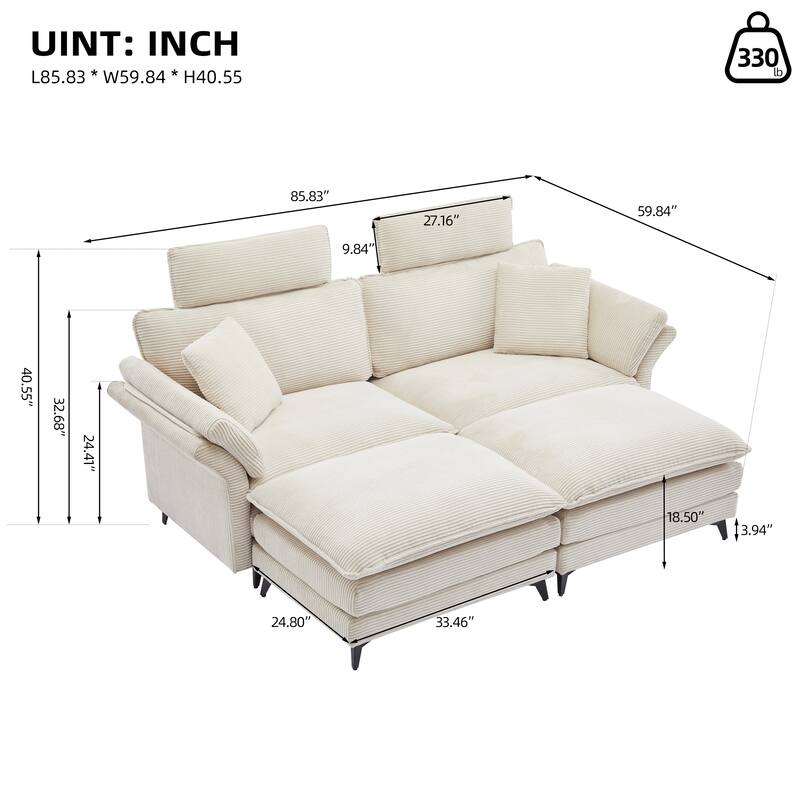 85.8'' Modern Corduroy Beige Sectional Sofa with Ottomans and Removable Headrests