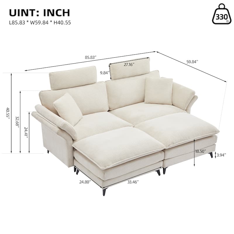 Corduroy Loveseat Sofa, Deep Seat Sectional Sofa wMovable Ottoman & 2 Pillows Upholstered Tufted Couch for Living Room