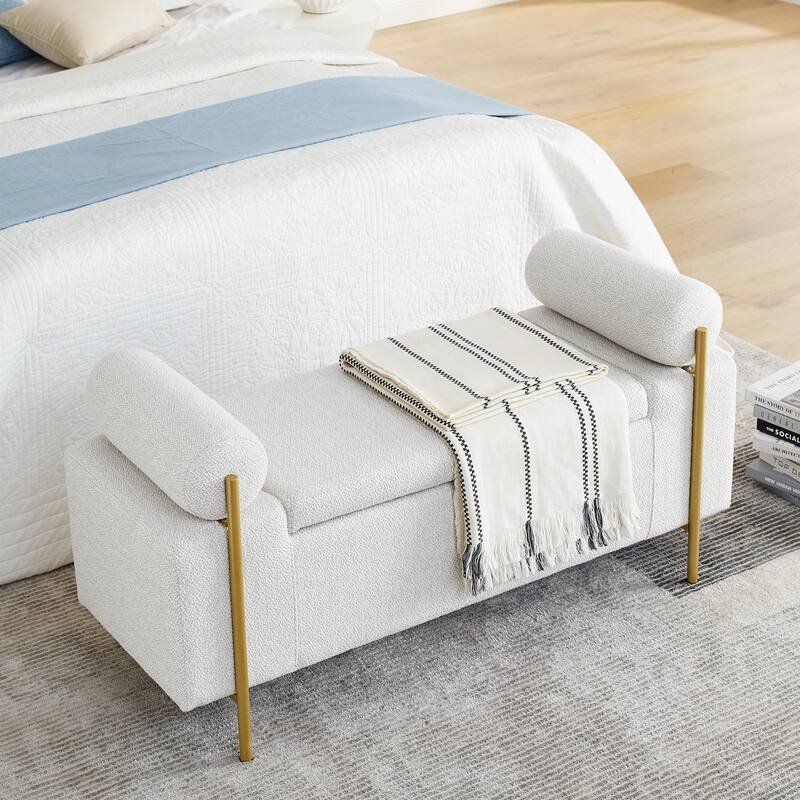 Upholstered Storage Bench with Cylindrical Arms and Iron Legs