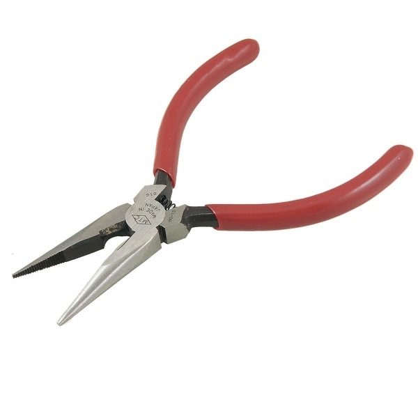 Red Plastic Coated Handle Silver Gray Metal Spring Loaded Long Nose Pliers 5"