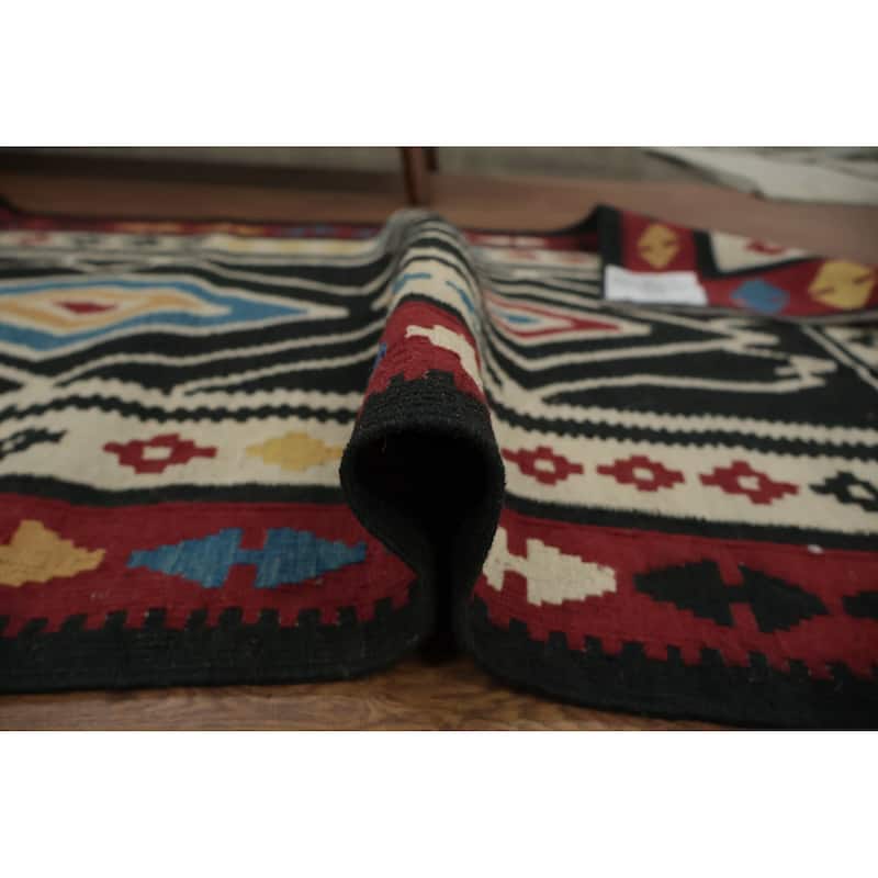 Hand Woven Oriental 100% Wool Carpet Southwestern Tribal Black Kilim Runner Rug - 9' 11'' X 3' 2''