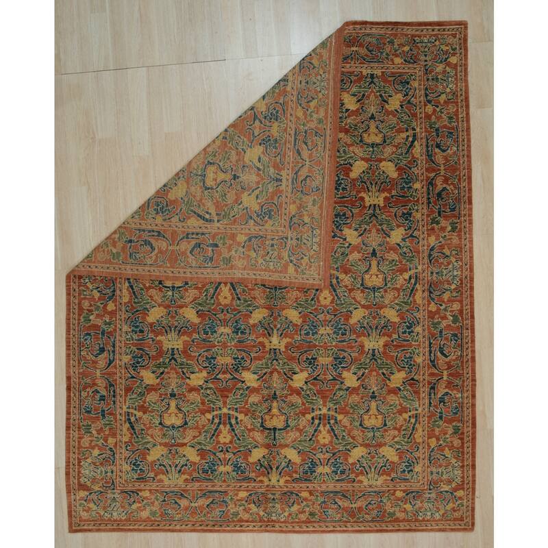 Red Handwoven Wool Transitional Rug 8'5 x 9'10 - Hand Knotted Spun Wool Surged Edge Elegant Design - N/A