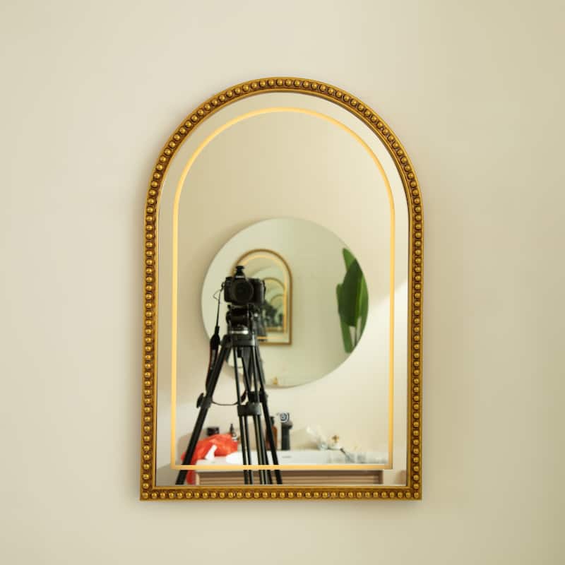 Avri Golden Beaded Retro Arch PU Decorative Mirror - Bathroom, Bedroom, Living Room - Silver