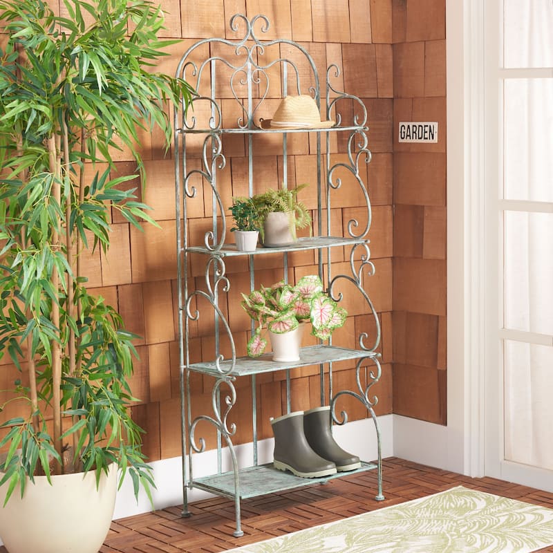 SAFAVIEH Outdoor Monserrat 4-Tier Shelf Unit - 66Wx25Dx13H - Antique Dark Green