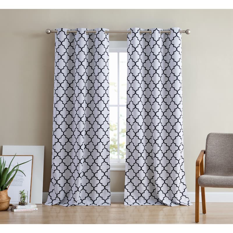 HLC.me Lattice Geometric Blackout Thermal Privacy Room Darkening Grommet Window Drapes Curtain Panels - Set of 2 - 37 W x 72 L per panel - Pair - Platinum White/Black