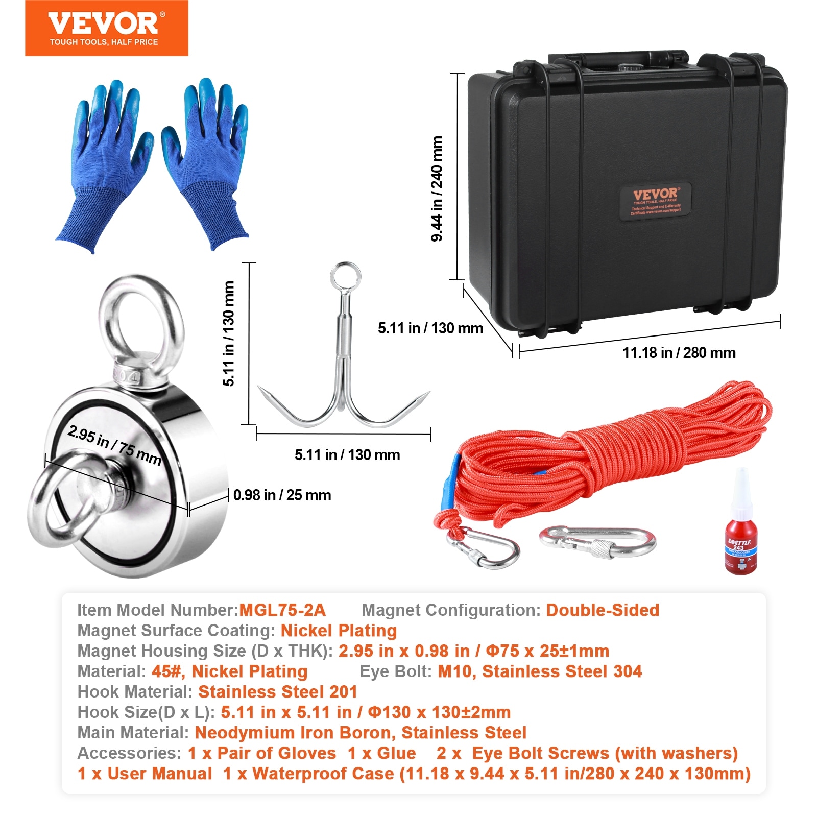VEVOR Magnet Fishing Kit, 1200lbs,Grappling Hook, Gloves