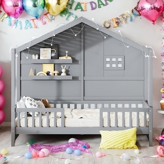 Twin Size House Bed with Shelves with Window and Sparkling Light Strip on the Roof