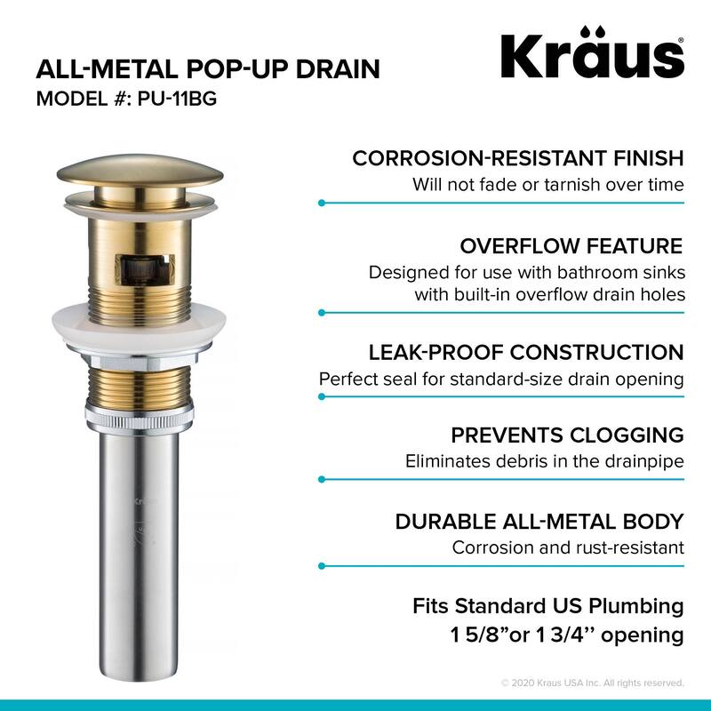 KRAUS Pop-Up Drain w Overflow, Bathroom Sink, Chrome, Nickel
