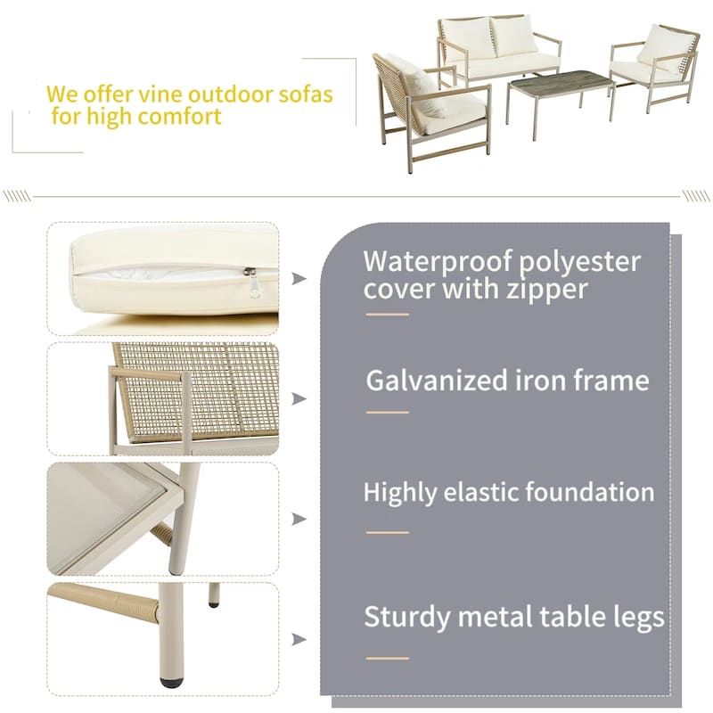 4 Pieces Patio Furniture Set, PE Rattan Wicker 4 Pcs Outdoor Sofa Set w/Washable Cushion