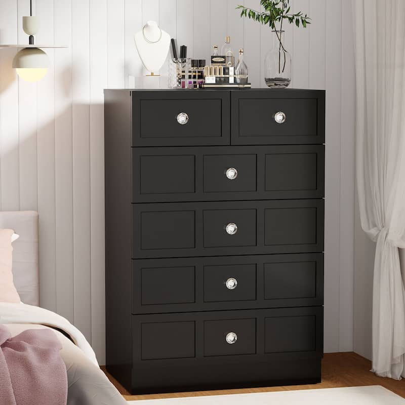 6 Drawer Wood Dresser with Fluted Panel Storage Organizer for Bedroom - Black